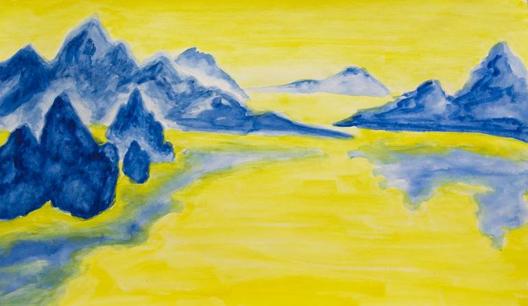 Blue hills on yellow background Painting by Irina Afonskaya | Saatchi Art