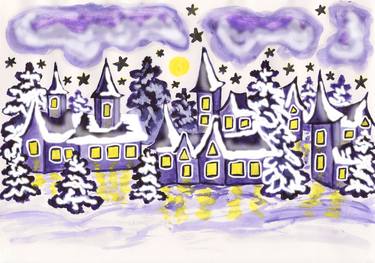 Winter lansdscape with houses in violet coloures thumb