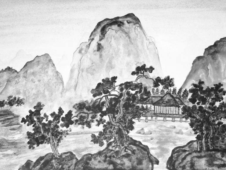 Chinese ink painting of a river with a small boat on Craiyon