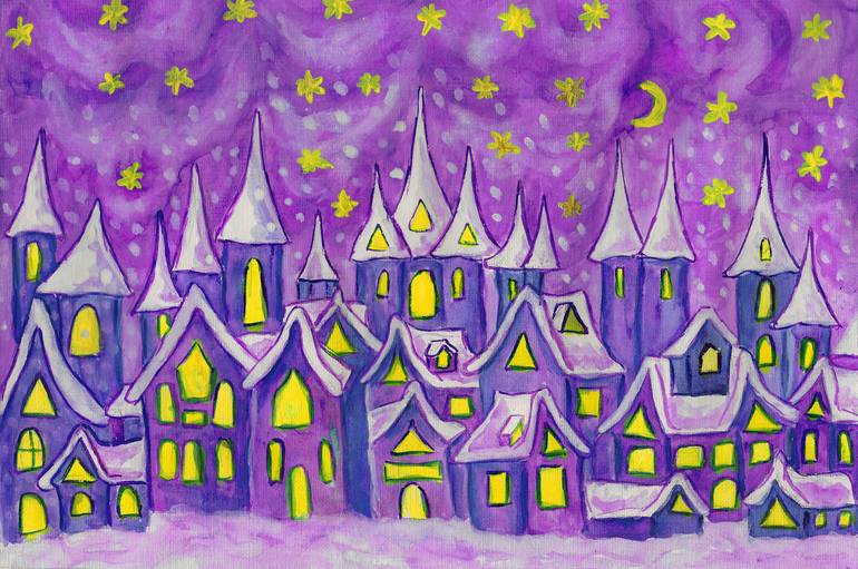 Original Floral Printmaking by Irina Afonskaya | Other Art on Canvas | Dreamstown in purple and blue colours