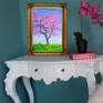 Painting: Acrylic on Paper. Pink peach tree in blossom, spring landscape.