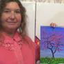 Painting: Acrylic on Paper. Pink peach tree in blossom, spring landscape.