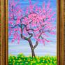 Painting: Acrylic on Paper. Pink peach tree in blossom, spring landscape.