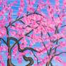 Painting: Acrylic on Paper. Pink peach tree in blossom, spring landscape.