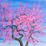 Painting: Acrylic on Paper. Pink peach tree in blossom, spring landscape.
