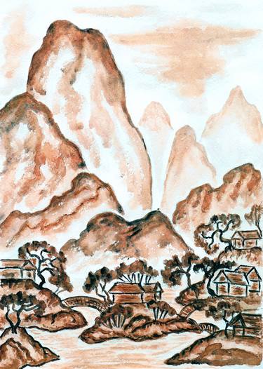 Landscape with brown hills in Chinese style thumb