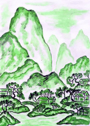 Landscape with mountains in green colors in Chinese styles thumb