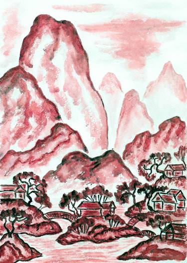 Landscape with hills in red colors in Chinese style thumb