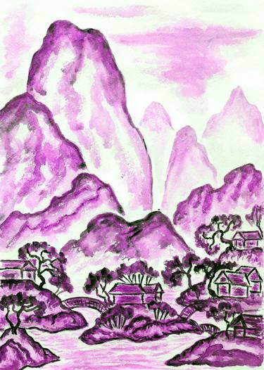 Landscape with mountains in violet colors in Chinese style thumb
