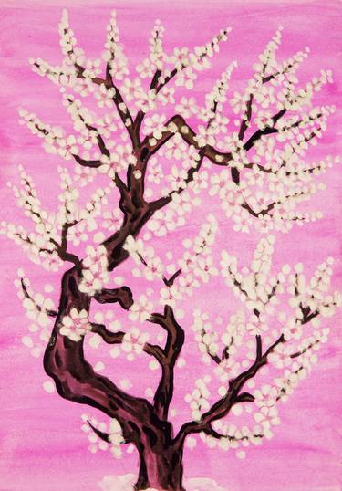 White Chinese tree on pink thumb