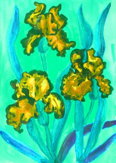 Three yellow irises on turquoise thumb