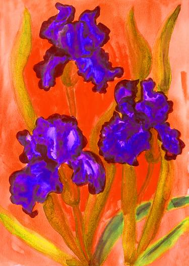 Three violet irises on red thumb