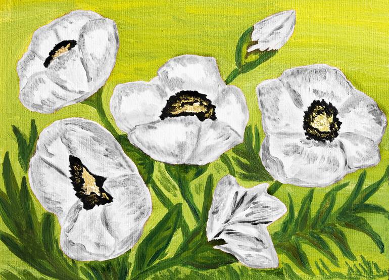 Original Floral Printmaking by Irina Afonskaya | Other Art on Canvas | White poppies on green
