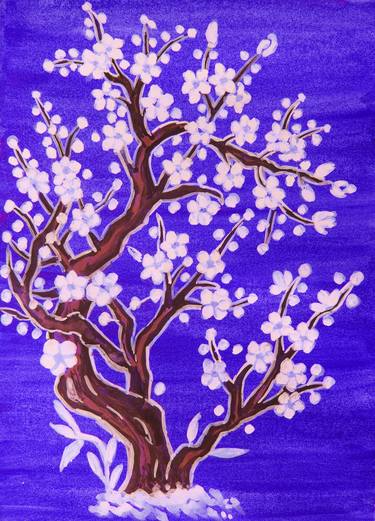 Tree in blossom in Chinese style on blue thumb