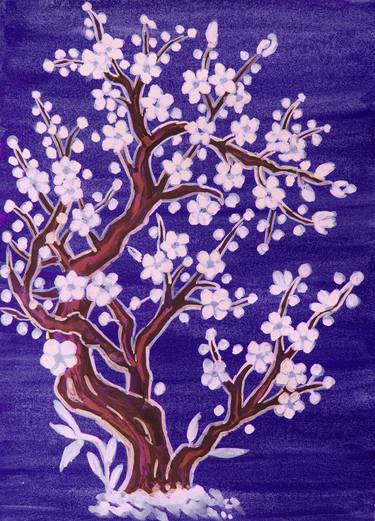 White tree in blossom in Chinese style on dark blue thumb