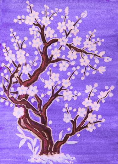 White tree in blossom in Chinese style on blue thumb