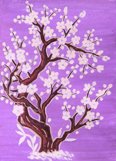 White tree in blossom in Chinese style on purple thumb