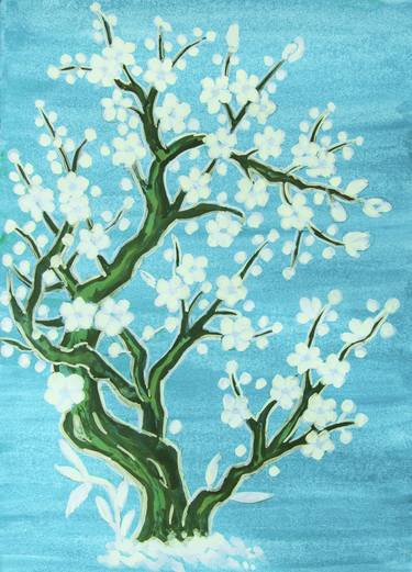 White tree in blossom in Chinese style on blue thumb