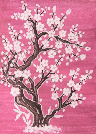 White tree in blossom in Chinese style on pink thumb