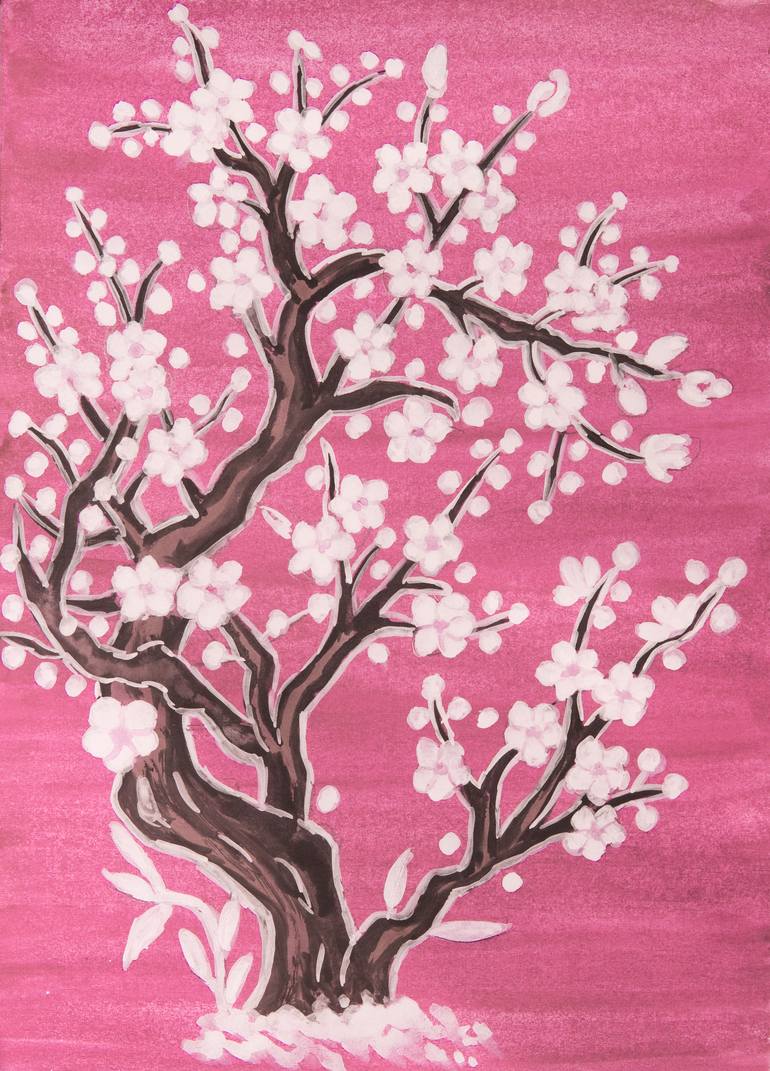 White tree in blossom in Chinese style on pink Printmaking by Irina  Afonskaya | Saatchi Art