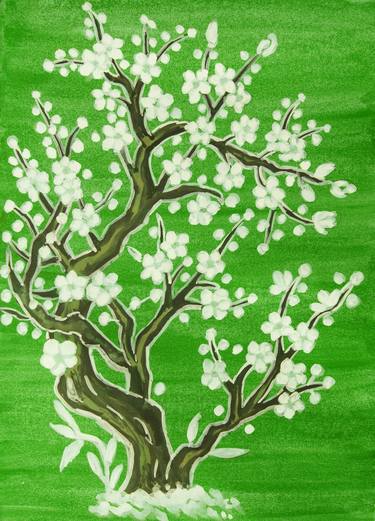 White tree in blossom in Chinese style on green thumb