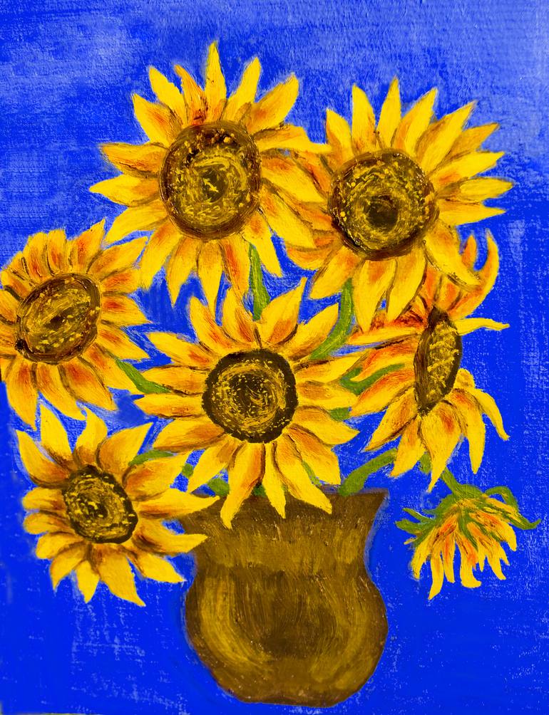 Sunflowers in vase on blue Painting by Irina Afonskaya | Saatchi Art