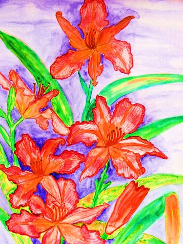Red lilies on blue thumb