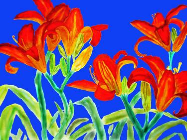 Red lilies on blue background thumb