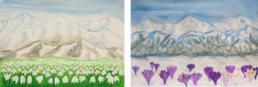 Two paintings spring flowers crocuses and snowdrops in hills thumb