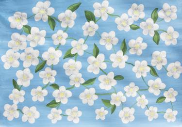 White spring flowers on blue background thumb