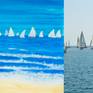 Painting: Watercolor on Paper, sailing regatta with white sails, horizontal.