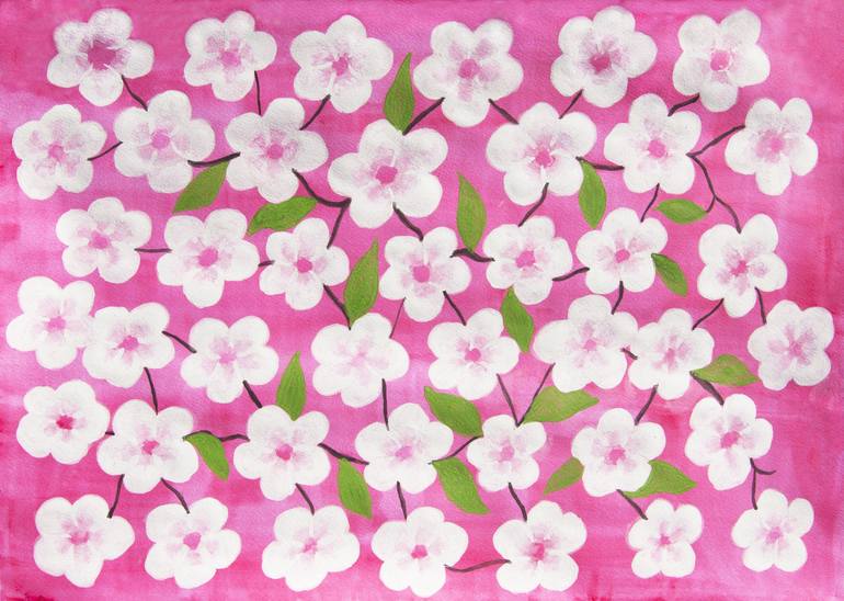 Original Floral Painting by Irina Afonskaya | Figurative Art on Paper | White flowers on pink background
