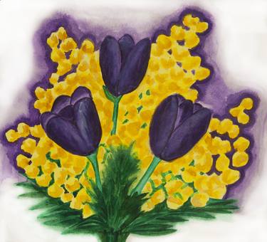 Three violet tulips and mimosa thumb
