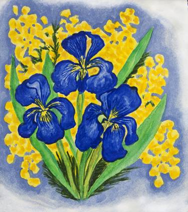 Blue irises and mimosa thumb