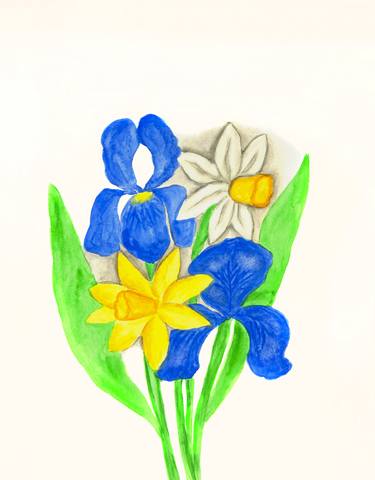 Two blue irises, narcissus and daffodil thumb