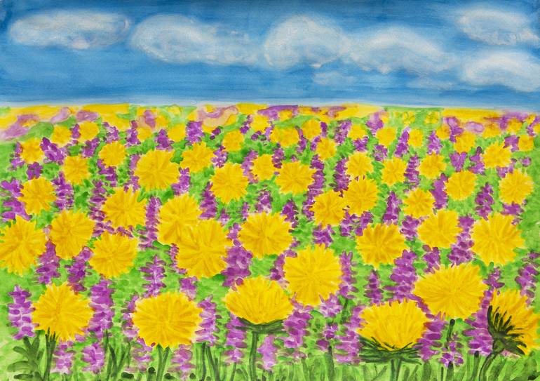 Original Floral Painting by Irina Afonskaya | Other Art on Paper | Yellow dandelions and purple spring flowers