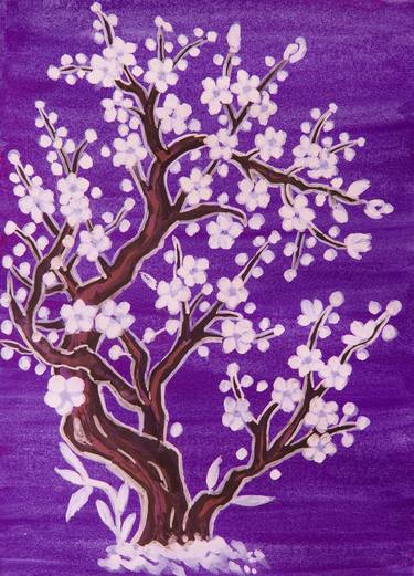 White tree on violet background in style of Chinese art thumb