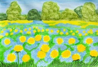 Yellow dandelions and blue myosotis (forget-me-not) thumb