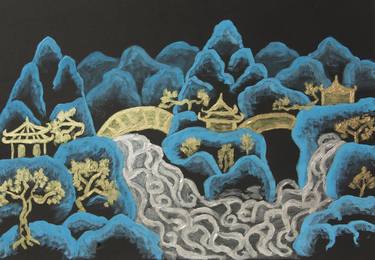 Chinese landscape on black in blue, silver and gold thumb