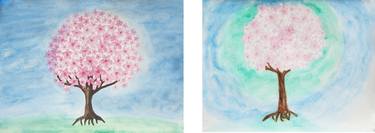 Two paintings with spring trees with white and pink flowers thumb