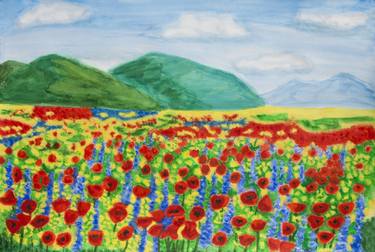 Summer meadow with red poppies, bluebonnets and raceseed thumb