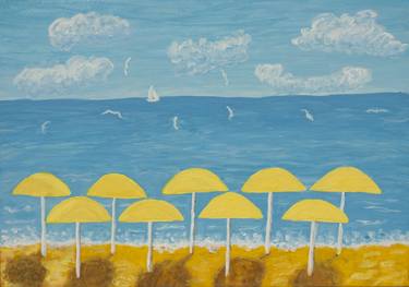 Seascape with yellow beach umbrellas thumb