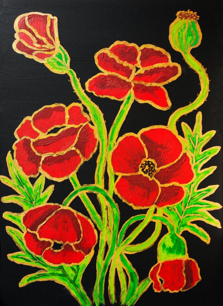 Original Floral Painting by Irina Afonskaya | Art Deco Art on Canvas | Red poppies with gold on black