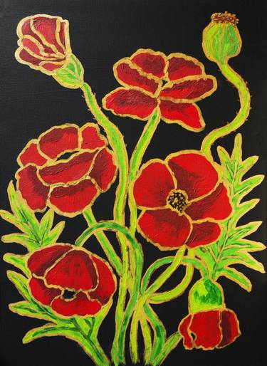 Red poppies with gold on black thumb