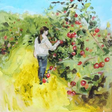 "Apple Picking" - acrylic painting of young girl picking apples thumb
