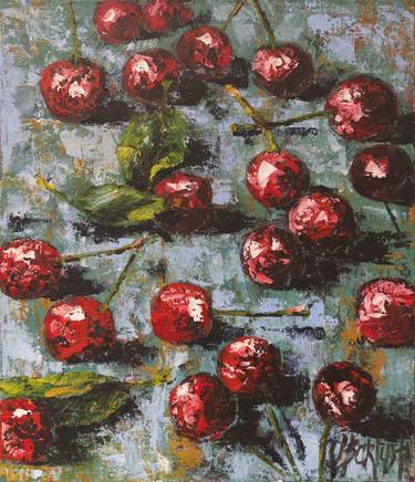 Cherries - acrylic painting on canvas food summer fruits berries original gift home decor expression art office interior Painting by Olga Bartysh thumb