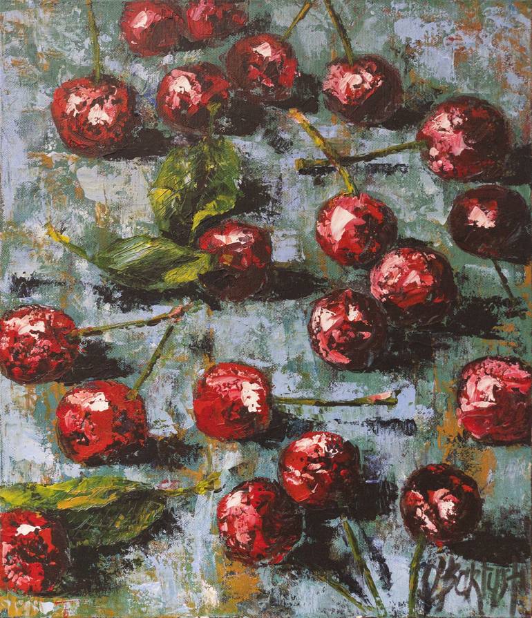 Cherries Acrylic Painting On Canvas Food Summer Fruits Berries Original Gift Home Decor Expression Art Office Interior Painting By Olga Bartysh Painting By Olha Bartysh Saatchi Art