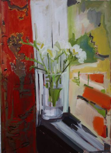 Vase of flowers in the open window thumb