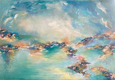 Sea To Sky, Abstract Coastal Landscape Colorful Pastel Blue Ocean Seascape Sea Clouds Contemporary Acrylic Painting thumb