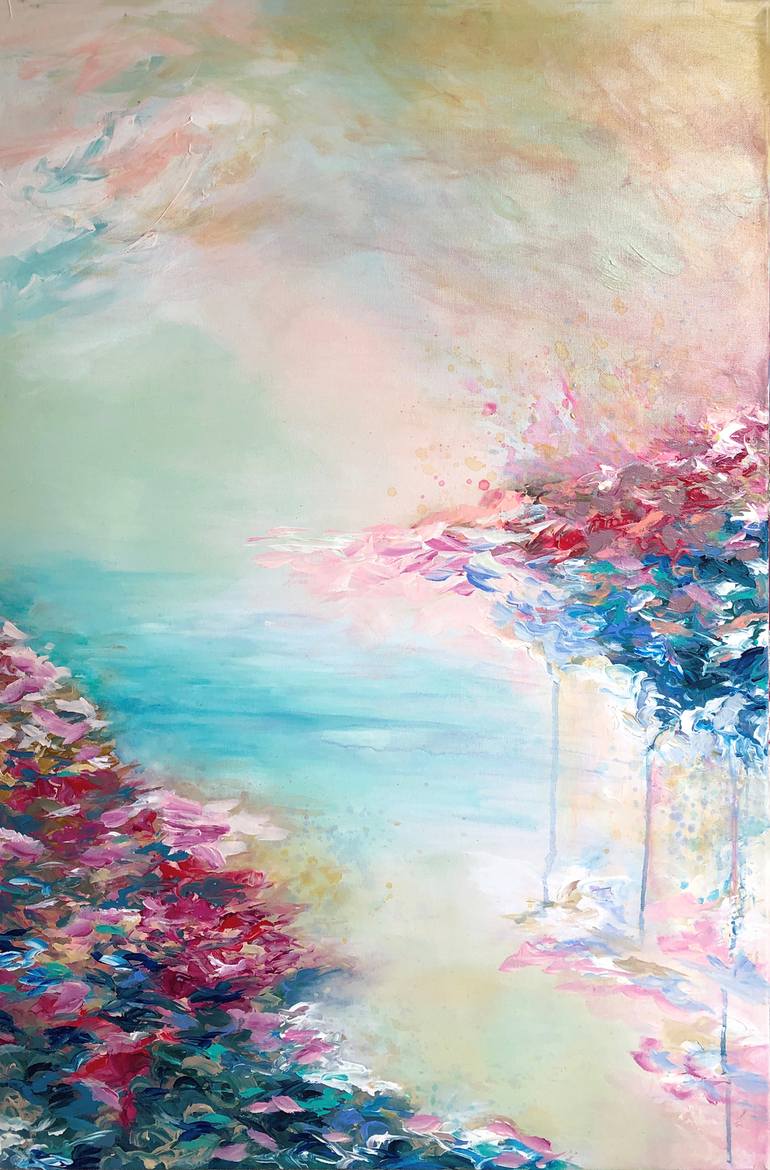 Coastal Recollection Ocean Abstract Landscape Colorful Pastel Sea Sky Clouds Elegant Contemporary Acrylic Painting Painting By Julia Disano Saatchi Art